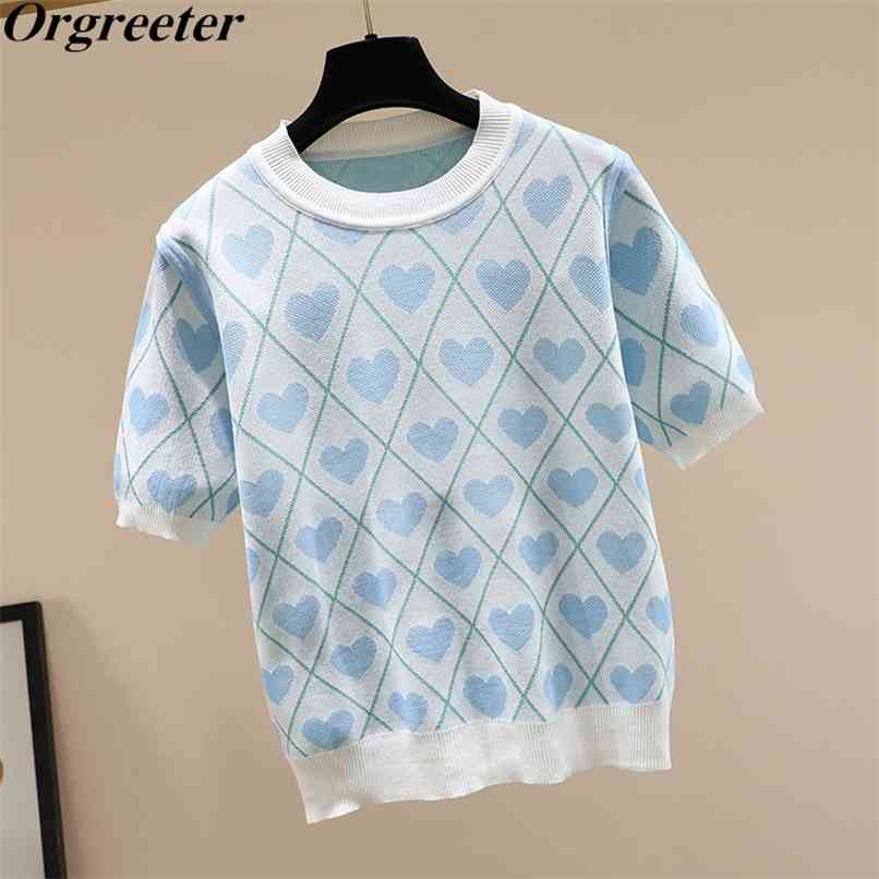 Fashion Women's Knitwear Tops Summer O-neck Short Sleeve Love pattern jacquard Blue Pullover Jumpers Sweater 210602
Fashion Women's Knitwear Tops Summer O-neck Short Sleeve Love pattern jacquard Blue Pullover Jumpers Sweater 210602