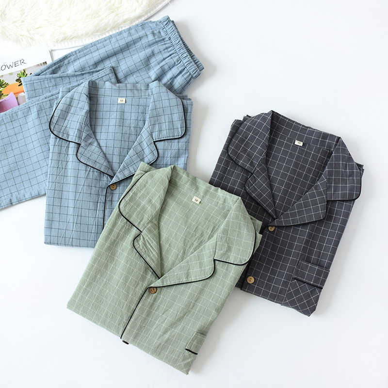 Water-washed Cotton Long Sleeved Trousers Mens Pajamas Spring and Autumn Lapel Pure Cotton Pijama Mans Nightwear Sleepwear 211019