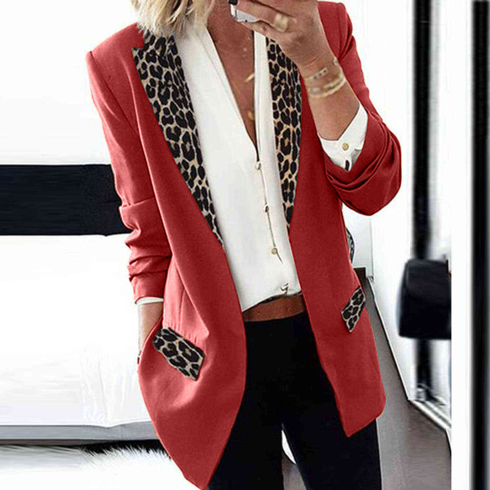 Casual Slim Leopard Patchwork Long Blazer Coat Woman Jacket Winter Female Elegant Office Lady Cardigan Thin Jackets Women 211122