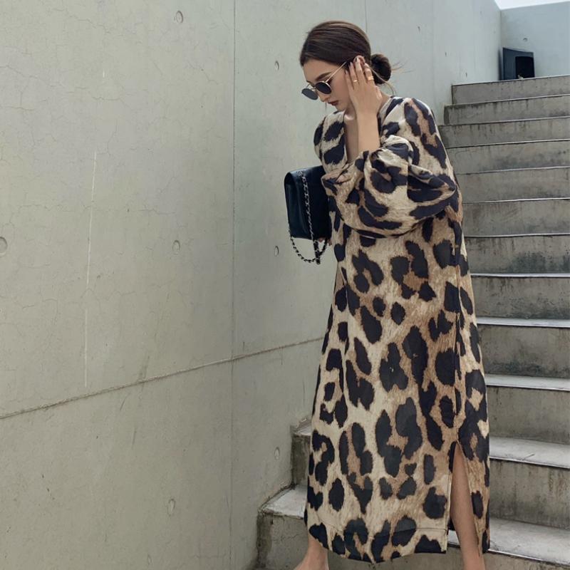 Casual Dresses Vintage Women Leopard Print Dress Loose V-Neck Three-Quarter Sleeve Maxi Korean Clothing Female Robe Fashion Vestidos