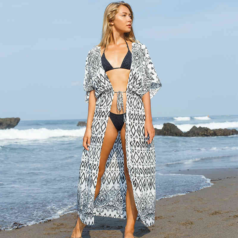 Sexy Bikini Cover-ups Cotton Tunic Boho Printed Summer Beach Dress Elegant Women Plus Size Wear Swim Suit Cover Up Q1114 210420