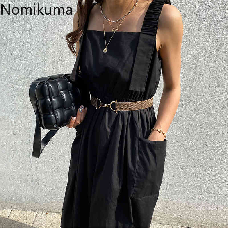 Nomikuma Korean Pleated Tank Dress Causal Pockets A-line Vestidos Femme Belt Slim Waist Sleeveless Square Collar Dresses 6H367 210427
