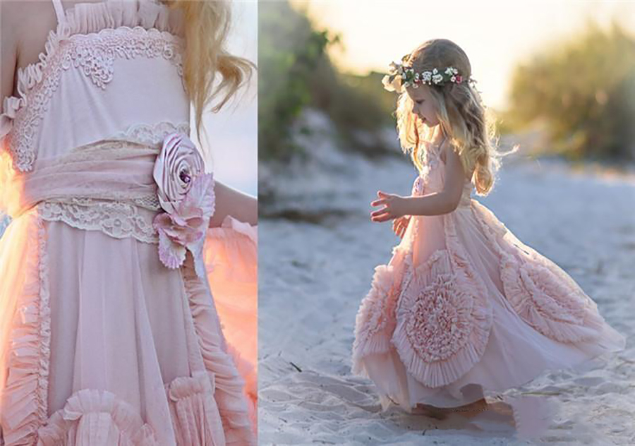 Custom Made Pink Flower Dresses For Wedding 2022 Lace Applique Ruffles Kids Formal Wear Sleeveless Long Beach Girls Pageant Gown 0431