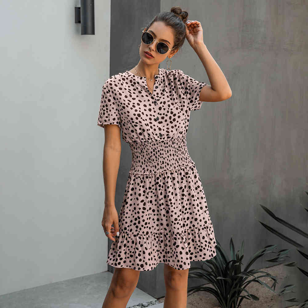 Dress Women Leopard Casual Black Summer Ruffle Mini Dresses Buttons Ladies Purple Waisted Fitted Clothing Womens Clothes 210409