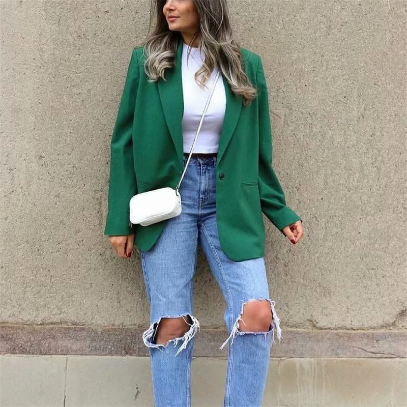 Casual Woman Green Long Sleeve Blazer Spring Fashion Ladies Loose Streetwear Outwear Female Elegant Solid Button Jacke 210515