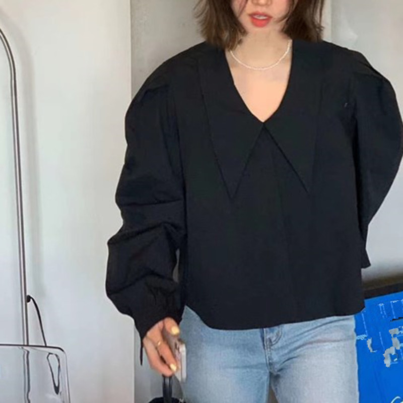 Nomikuma Causal Short Women Doll Shirt Puff Long Sleeve Peter Pan Collar Top Blouse Spring Ropa Para Mujeres De Moda 6E763 210427