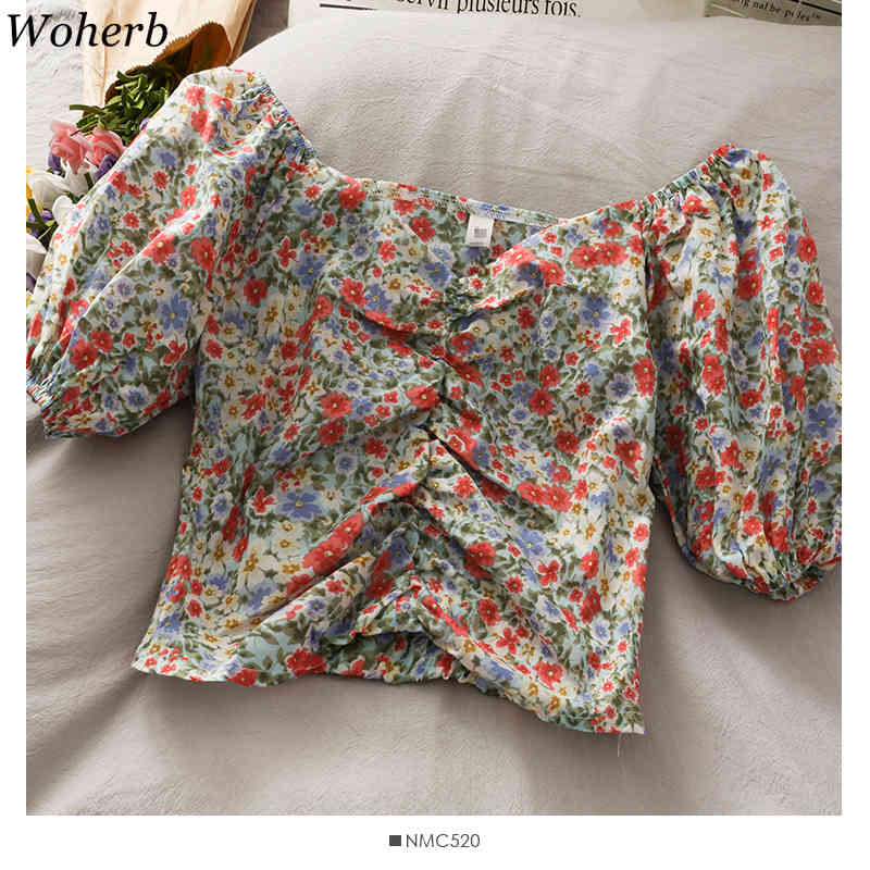 Women Sexy Off Shoulder Crop Top Summer Print Floral Sweet Short Blouses Pleated Puff Sleeve Blusas Ins Fashion 210519