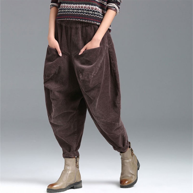 Spring Autumn Arts Style Women Elastic Waist Loose Cotton Corduroy Pants Plus Size Femme Vintage Harem V43 210512