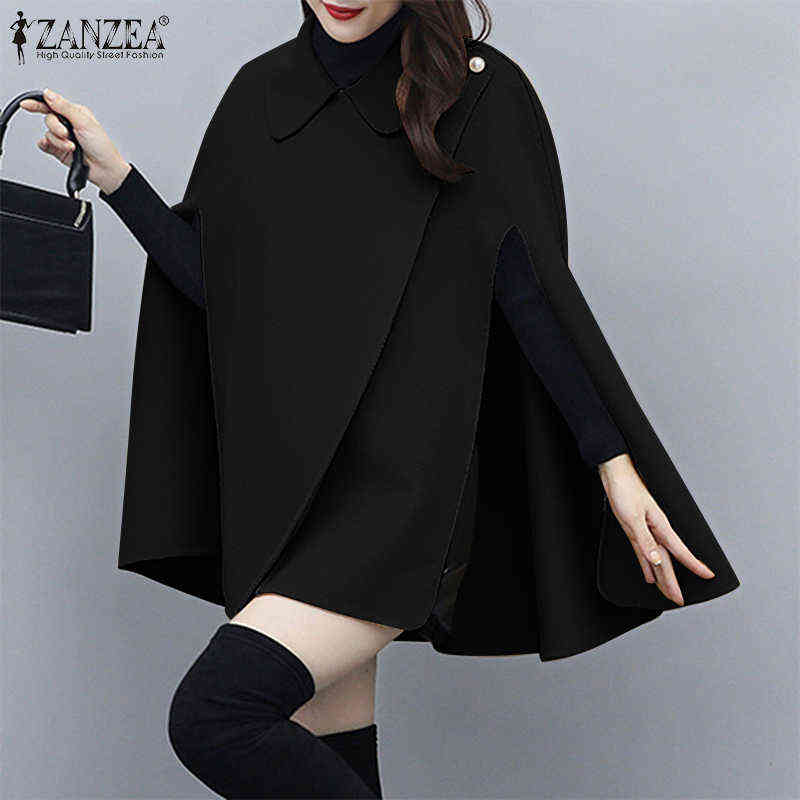 Elegant Solid Cape Women Autumn Sleeveless Jackets 2021 ZANZEA Casual Poncho Coats Cloak Female Lapel Outwear Oversized Overcoat H1123