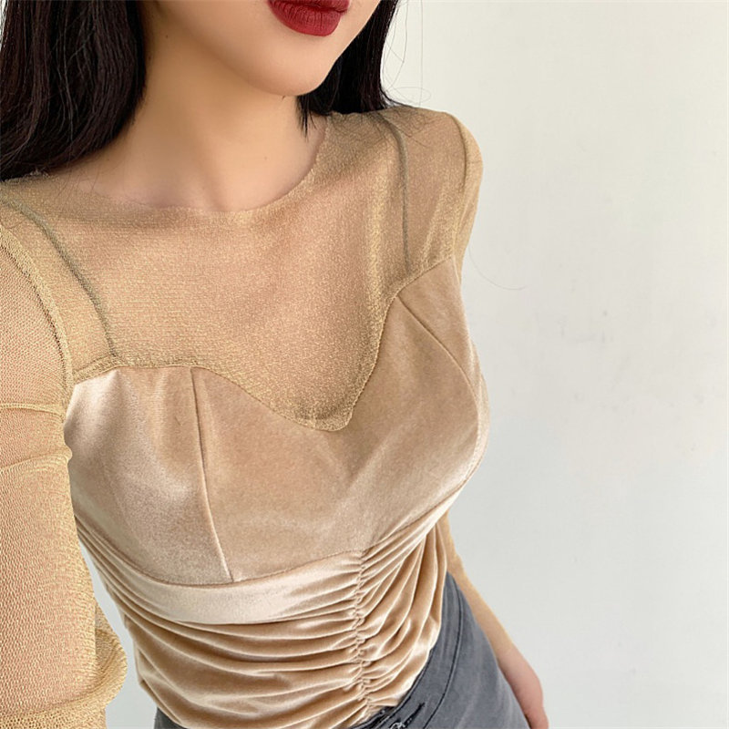 Arrival Patchwork Full Sleeves Lace Autumn Velvet Large Size Women Sexy Female Basic Brief Tops T-shirt 210421