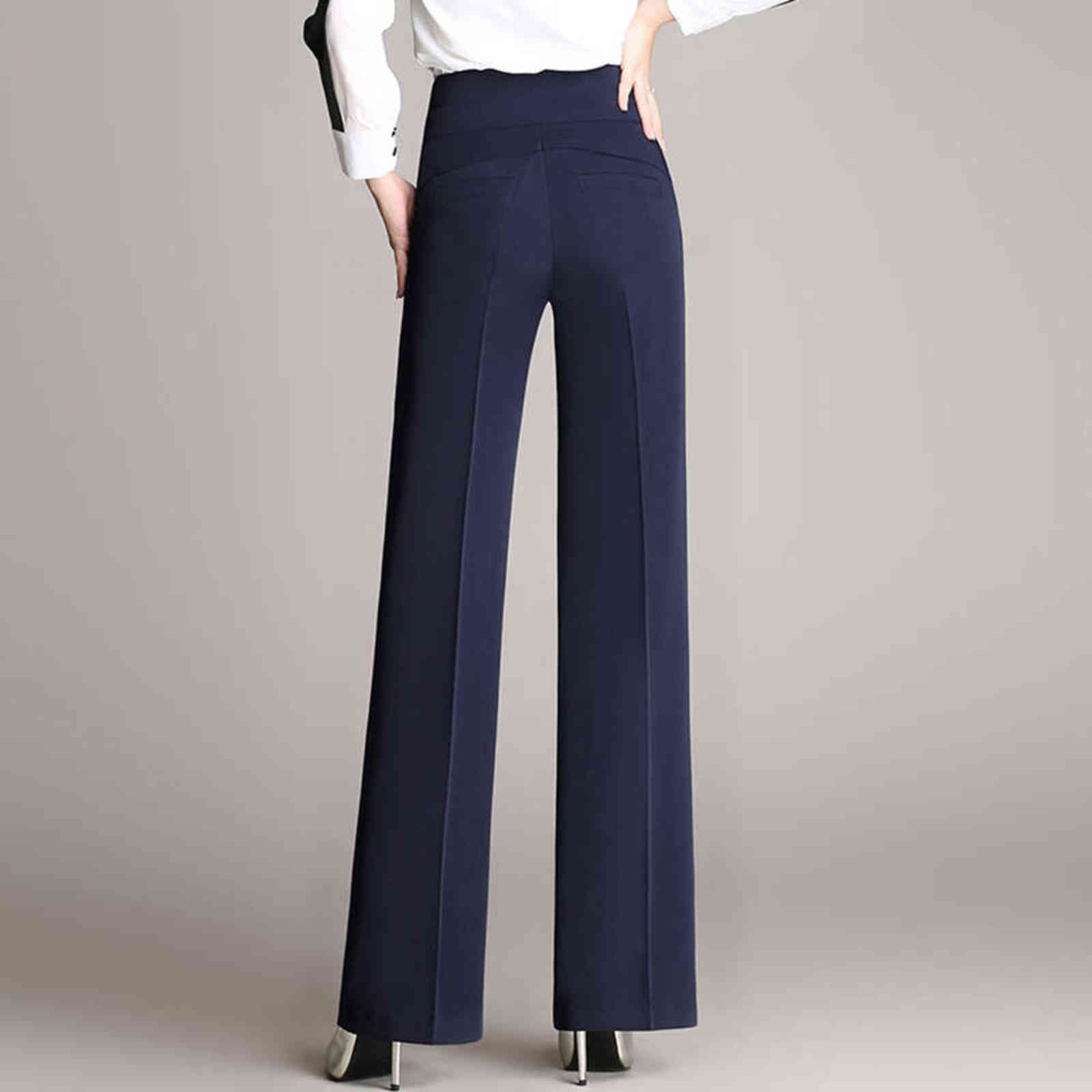 Arrivel Women High Waist Long Trousers Vintage Wide Leg Pants Elegant Office Lady Straight Black Navy Suit 211124