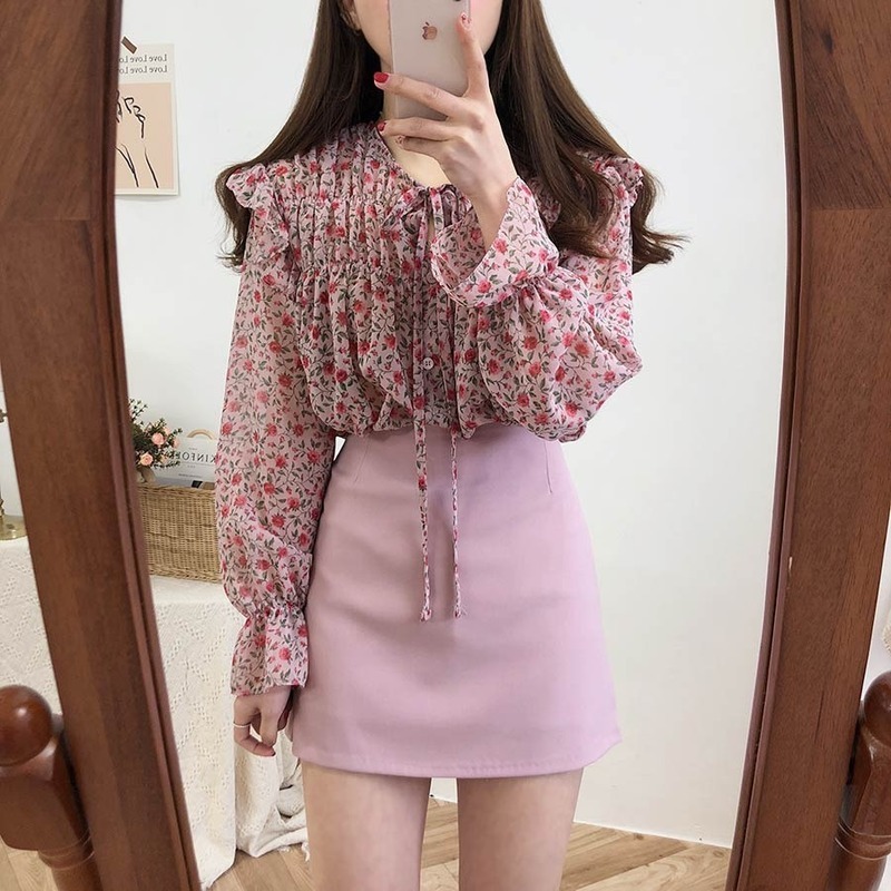 Women Floral Print Chiffon Shirts Casual Blouses Cardigan Ladies Tops Autumn Korean Puff Long Sleeve Blouse Bow Blusas10408 210506