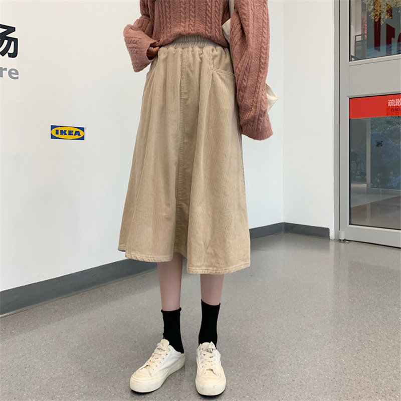 Preppy Style Stylish Corduroy Large Size Winter Women Slender Elastic-Waist Vintage A-Line Casual High Waist Long Skirts 210421