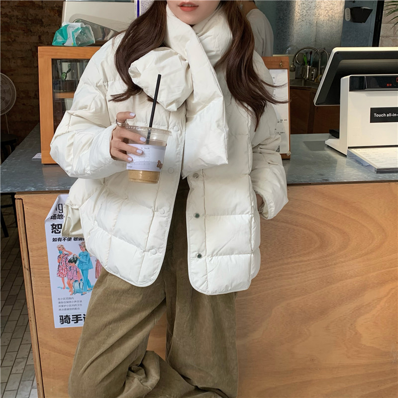Winter Jacket Women Solid Basic Coat OL Loose Thicken Warm Cotton Padded Bread Clothes Parkas with Scarf 210421