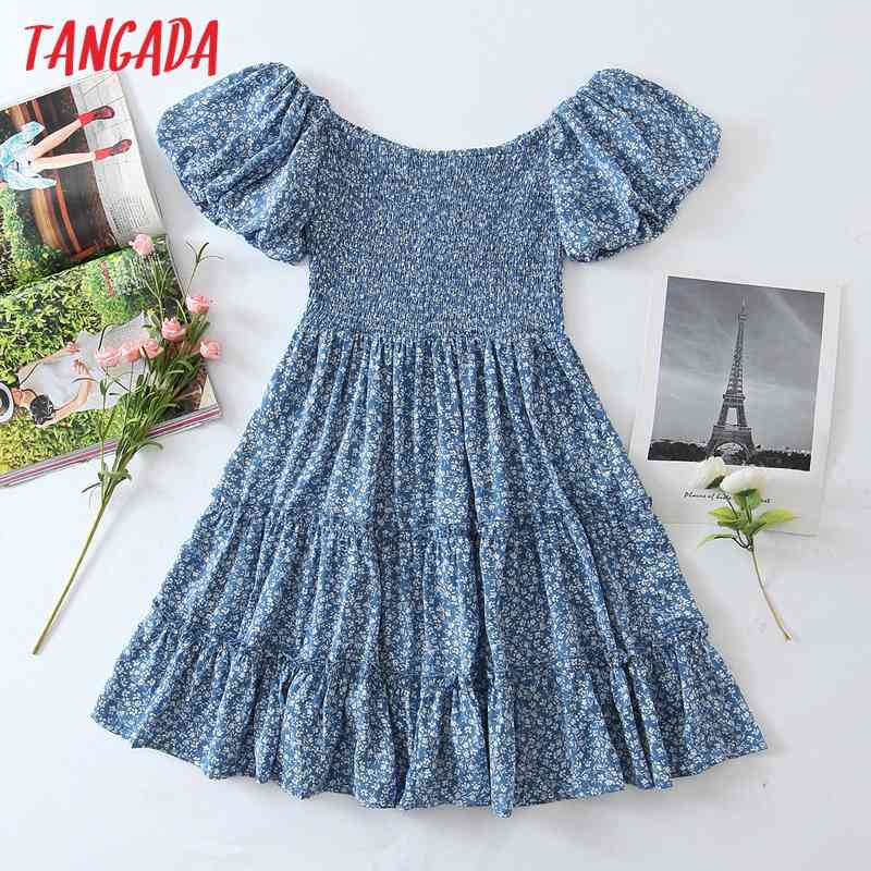 Women Blue Flowers Print Shoulder Off Puff Short Sleeve Ladies Mini Dress QW96 210416