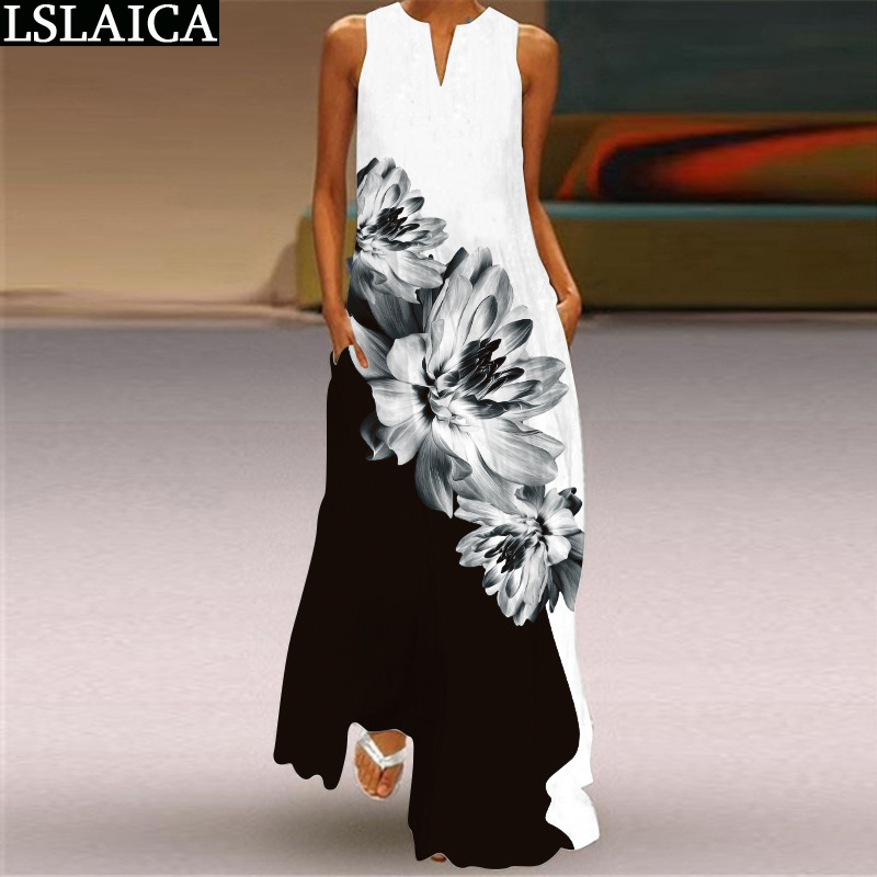 Sale Beach Dress Sleevless V Neck Froal Print Big Swing Summer Africa for Women Plus Size S-5XL Fashion Long Robe 210515