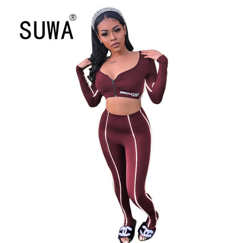 

White Striped Patchwork Womens Tracksuit Set Long Sleeve Crop Top + High Waist Joggers Pants Sweatpants Sexy Fitness 2 Pieces 210525, Burgundy