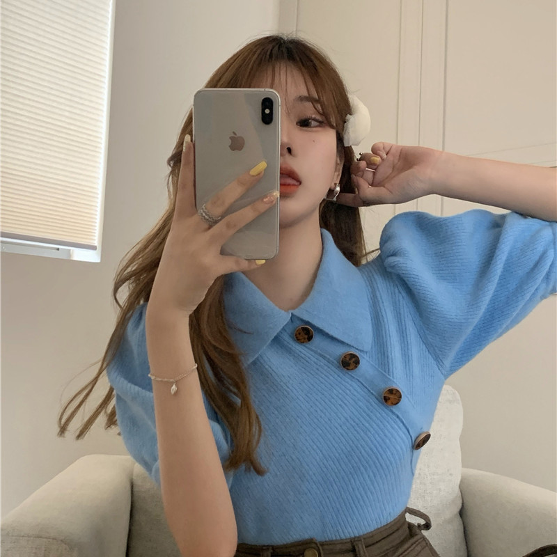 Spring Autumn korean style Button knit Puff short sleeve t-shirts womens tee shirt femme women Cropped tops (R99423) 210423