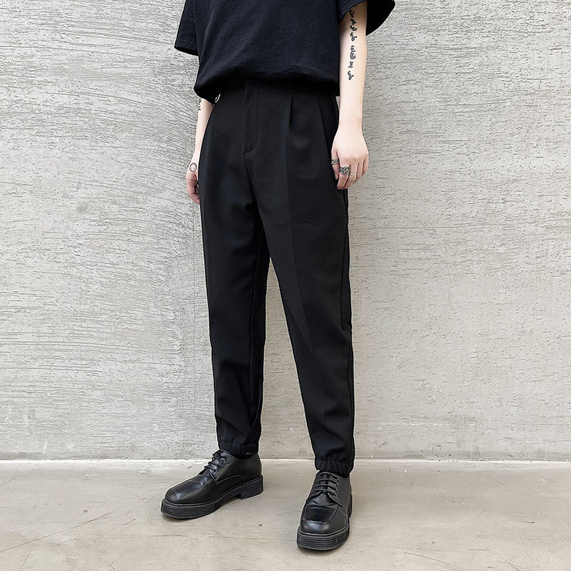 IEFB Summer Black Pencil Pants For Men Korean Trend Slim Fit Casual Ankle-length Pants Side Both Pockets Fold trousers 210524