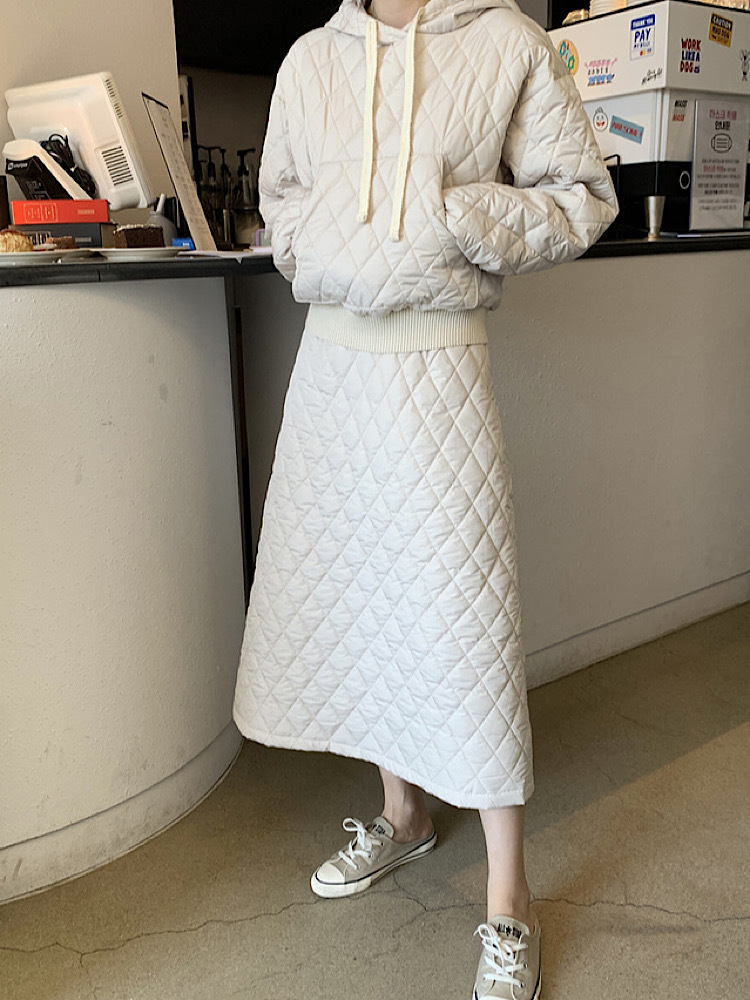 Loose Retro Diamond Cotton Dress A-Line Skirts Winter Chic Hooded Pullover Parkas Skirt Suit Street Sets 210510