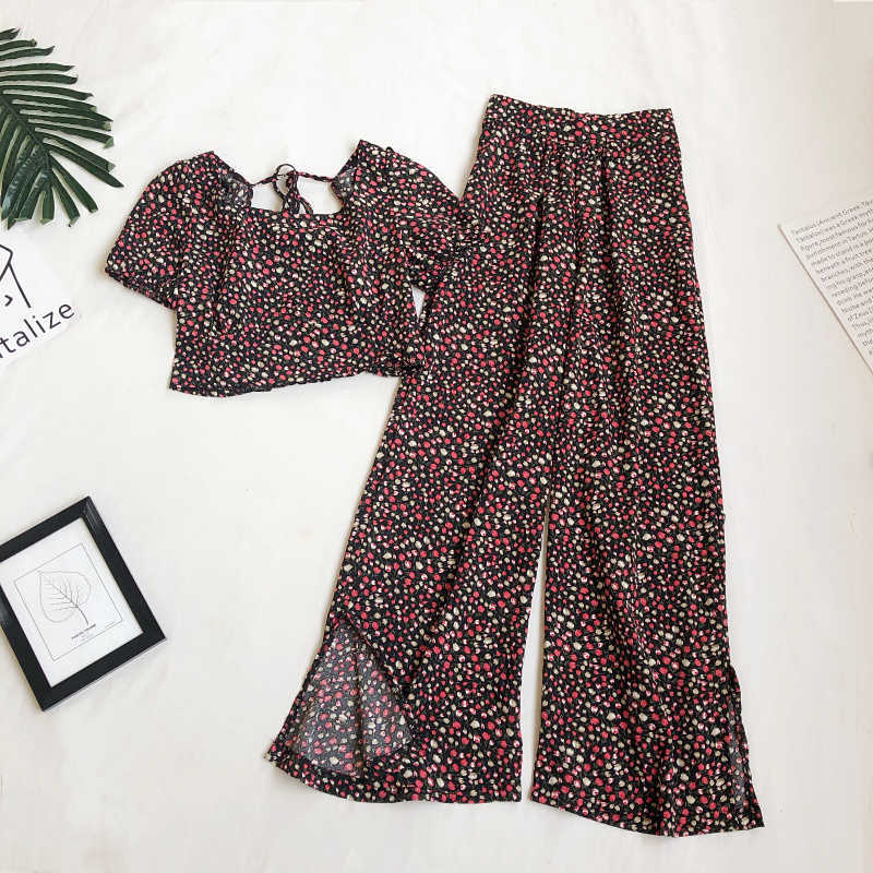 LY VAREY LIN Summer Women Holiday Style Square Neck Short Tops+Split High Waist Wide Leg Pants Suit Two Piece Set 210526