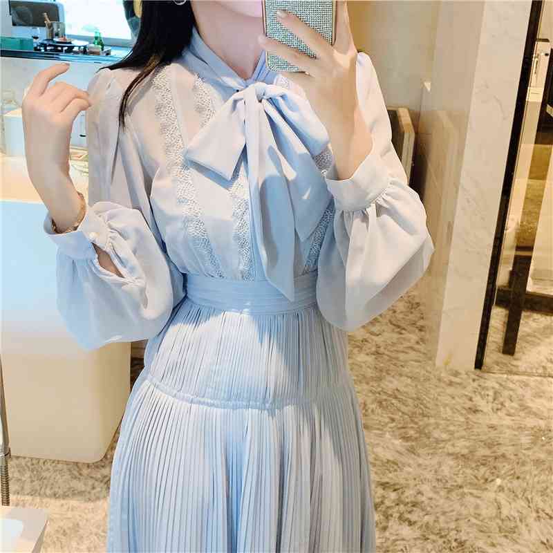 Arrival Autumn Vintage Elegant Chiffon Lace Long Dress Women Sleeve Bowknot Collar Pleated Dresses Vestidos 210520