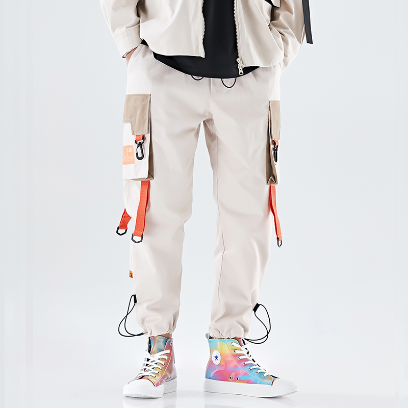 Ribbons Overalls Cargo Pants Men Personality Streetwear Loose Casual Pockets Track Fashion Trousers Sport Joggers Men Clothing
