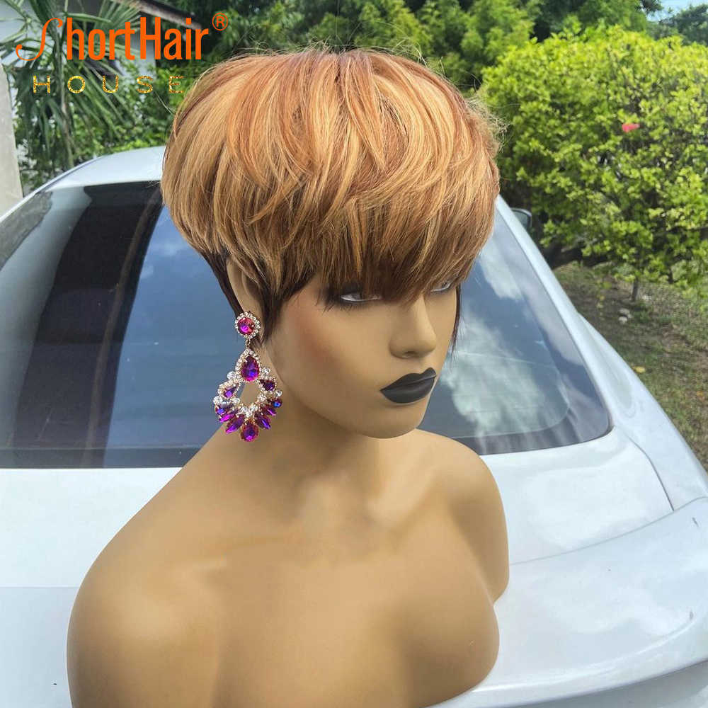 Fashion Beauty Color Highlight Human Hair Wig Pixie Short Cut Bob Wig For Black Women Green Honey Blonde No Lace Front Wigs S0826