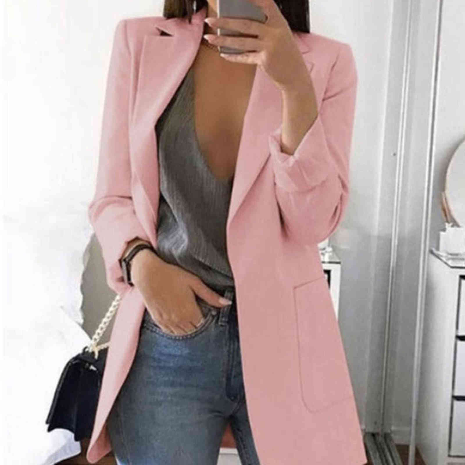 Gentillove Women Autumn Solid Color Blazer Female Work Office Pocket Tweed Oversized Casual Slim Coat Fashion 211122