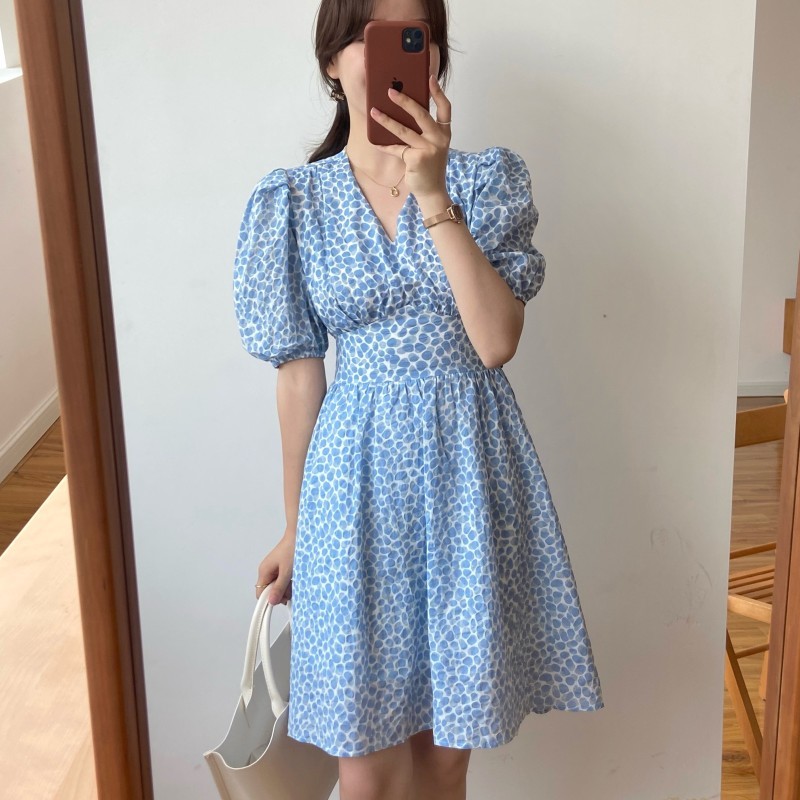 Korea Style High Waist Vintage A-Line Dress Women Elegant Puff Sleeve Mini Casual Sweet Sexy Beach Skirts Clothing 210519