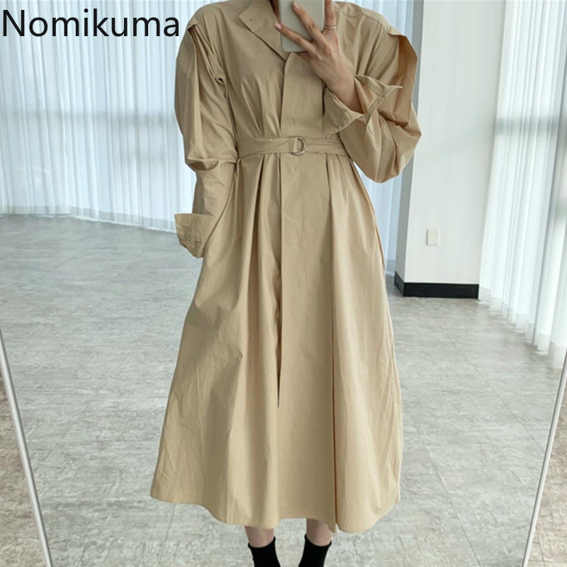 Nomikuma Elegant Single Breasted Women Dress Korea Chic Belt Slim Waist Dresses New Puff Sleeve Causal Vestidos Mujer 6F844 210427