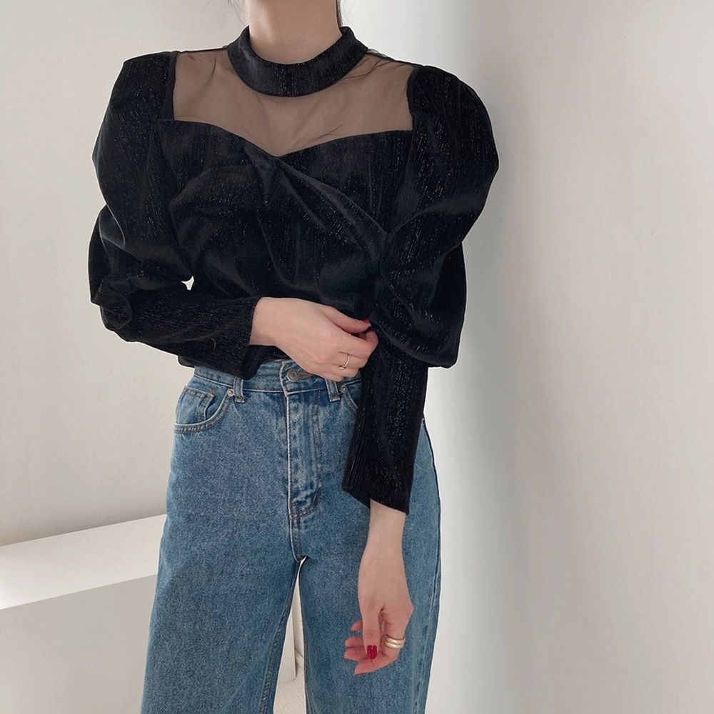 Elegance Puff Sleeves Patchwork Women Slim Gentle Mesh Work Wear Stylish Brief Office Lady Basic Shirts 210421