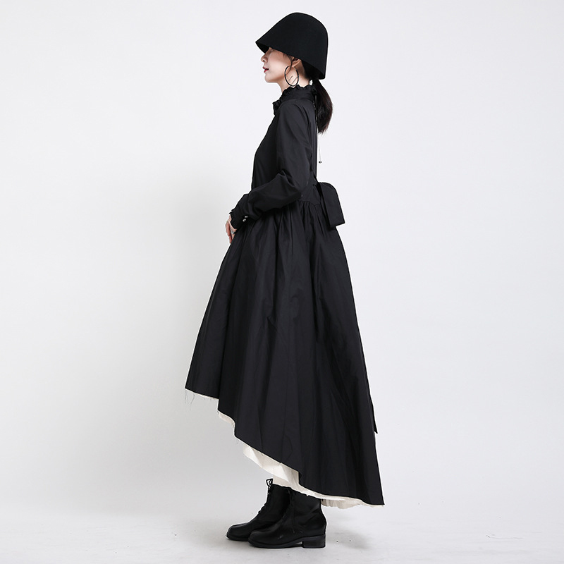 [EAM] Women Black Irregular Stitch Long Dress Stand Collar Long Sleeve Loose Fit Fashion Spring Autumn 1DA980 21512