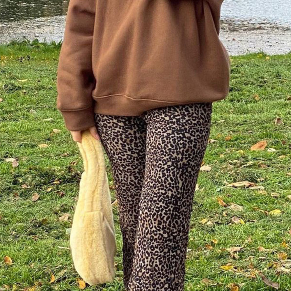 ocoo Jolee Women Spring Autumn Print Elastic High Waist Leopard Casual Vintage Flare Pants Skinny Party Club Trousers 210428