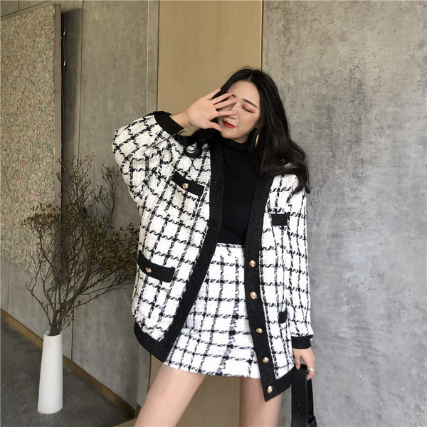 Top Quality Autumn Winter Contrast Black and White Plaid Tweed 2 Piece Set Women Loose Woolen Jacket Coat + Slim Short Skirt Set 201030