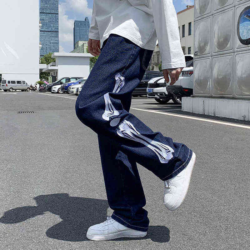 Men Jeans Skeleton Printed Oversized 5XL Straight Blue Jean Pants Mopping Trousers Mens Streetwear Hip Hop Denim Pants 211120