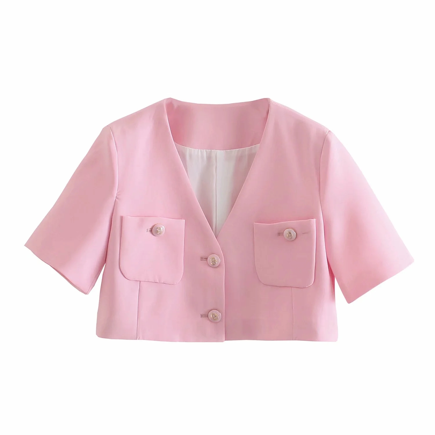 Elegant Pink Cropped Simple Women Blazer Jacket Casual Single Breasted V-neck Short Sleeve Chic Pockets Female Elegant Coats 210521