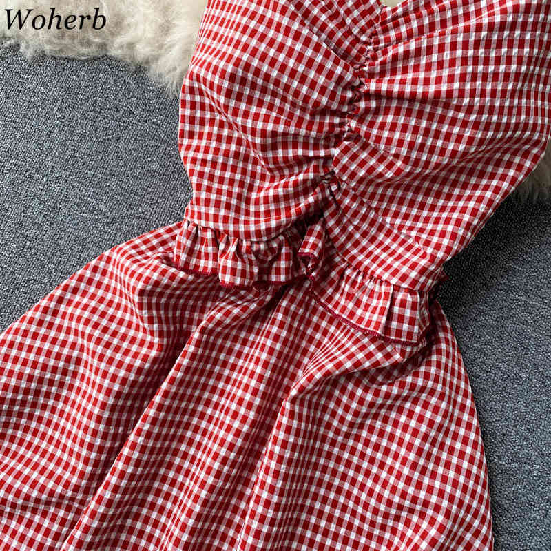Sweet Woman Dress Chic Flying Sleeve Sling Vestidos Mujer Summer Vintage Plaid Robe Slim Waist Fashion Ruffles Dresses 210519