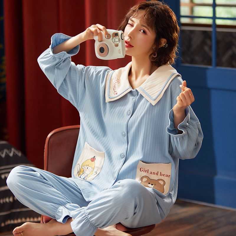 GCAROL Womensets 2 Pieces Cartoon Pajama Long Sleeve Lovely Pure Cotton Various Graffiti Printed Home Clothes Suit 3XL 4 Season 211007