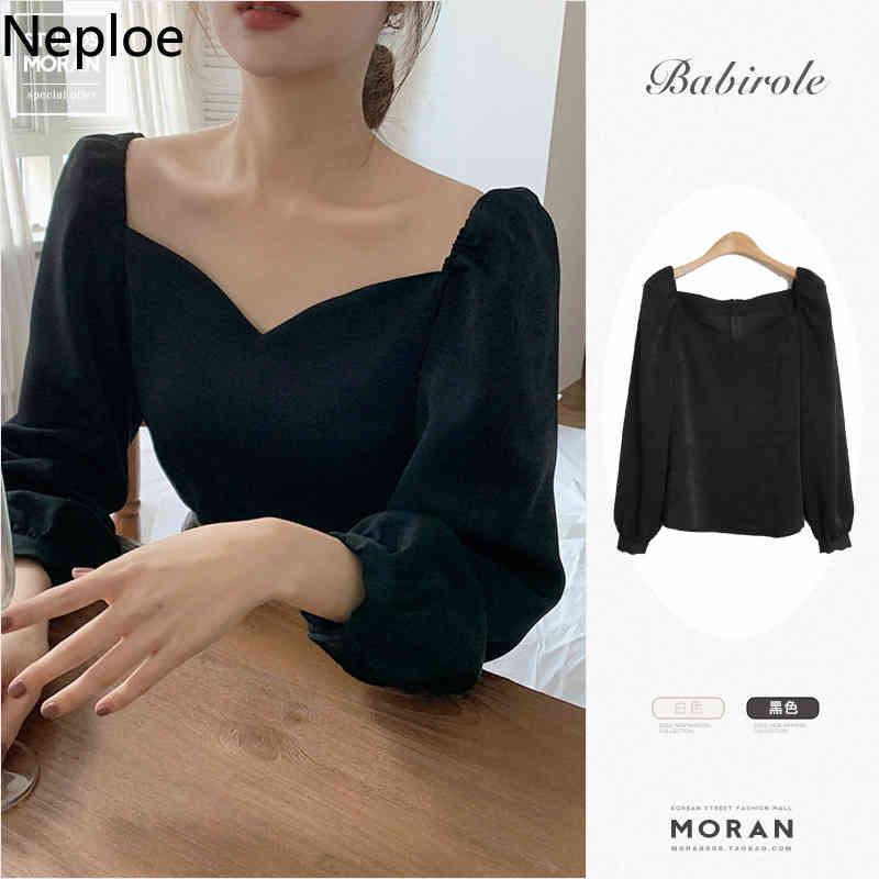 Neploe Vintage Elegant Blouses for Women Clothing Korean Square Collar Chic Shirts White Black Tops Long Sleeve Blusas Mujer 210422
