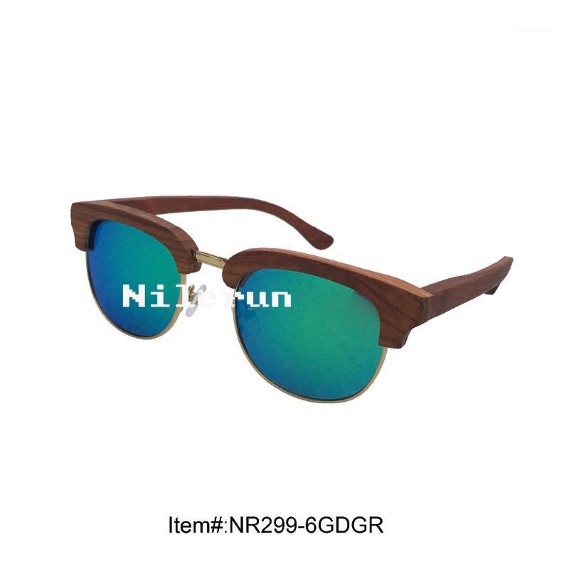 Sunglasses UV400 Polarized Mirror Green Lens Gold Metal Red Wood Frame