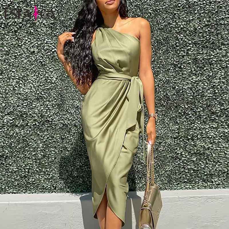 Women Dress Elegant Sleeveless One Shoulder Strappy Solid Color Evening Party Fashion Ladies Midi Summer Vestidos 210515