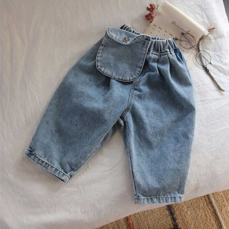 spring autumn boys girls pocket loose denim pants 1-6 years toddler kids casual all-match jeans 210615