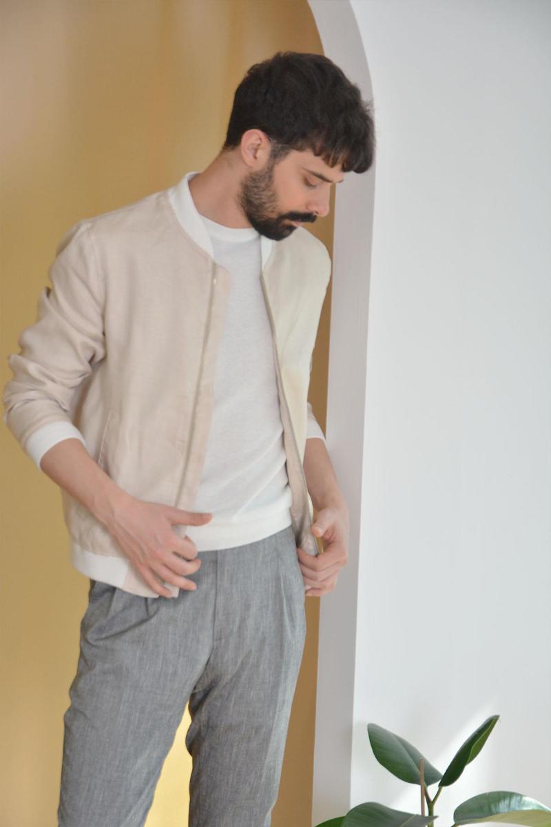 Bomber Pure Linen Zipper Beige Men 'S Jacket Men's Jackets