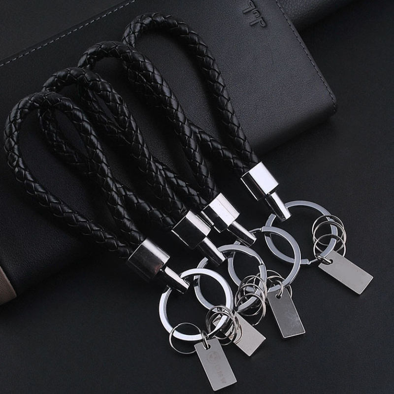 Silver Plated Zinc Alloy Black Woven Leather Keychains Custom Gift Key Chain Ring