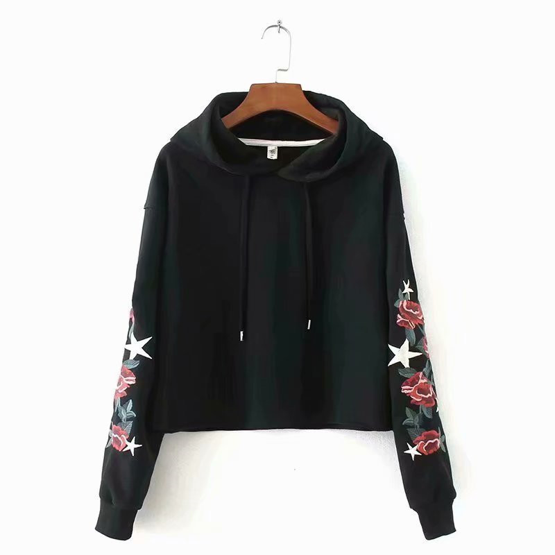 Women Fashion Flower Rose Embroidery Long Sleeve hm Hoodies Chic Ladies Hooded Collar Drawstring Casual Cotton Pullover 210421