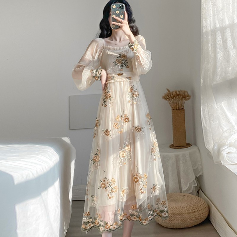 Spring Women French Romantic Floral Embroidery Mesh Midi Dress Elegant Long-Sleeved Chic Feminine Robe 210519