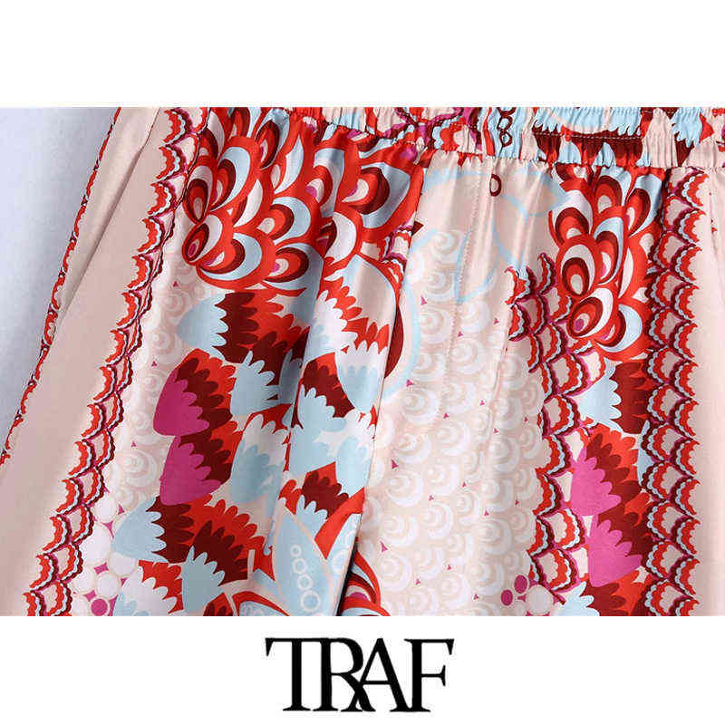 TRAF Women Chic Fashion Patchwork Floral Print Wide Leg Pants Vintage High Elastic Waist Female Ankle Trousers Mujer 211115