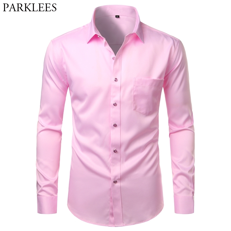 Pink Mens Dress Shirts Long Sleeve Bamboo Fiber Button Down Shirt Men Casual Slim Fit Non Iron Easy Care Wrinkle Free Shirt Male 210410
