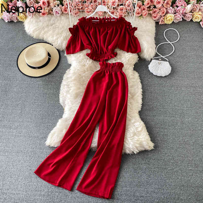 Neploe Fashion Suit Two Piece Outfits for Women Slash Neck Off Shouder Crop Tops Loose Waide Leg Pants Summer Korean 2 Piece Set 210422